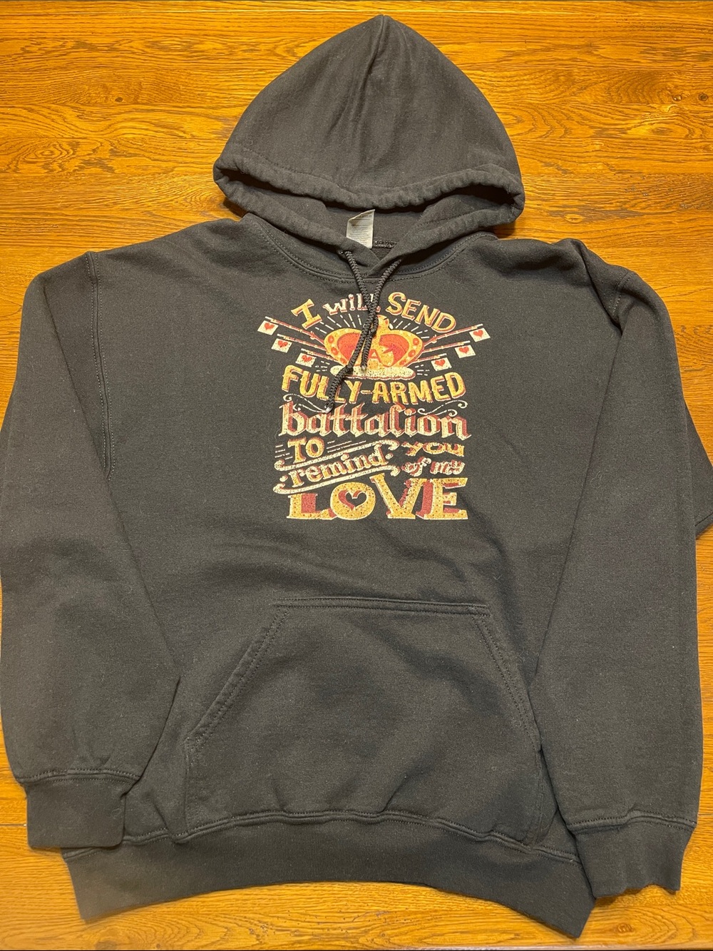 Black Hoodie with Red and Gold Hamilton Quote Graphic